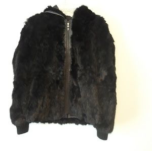 100% Fur Coat Jacket Bomber Black Hood Zip S